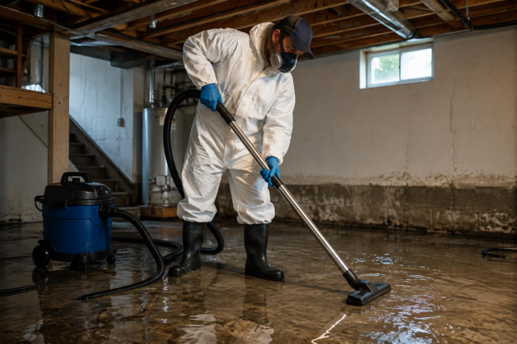 Technician performing sewer backup cleanup in a flooded Fort Worth basement